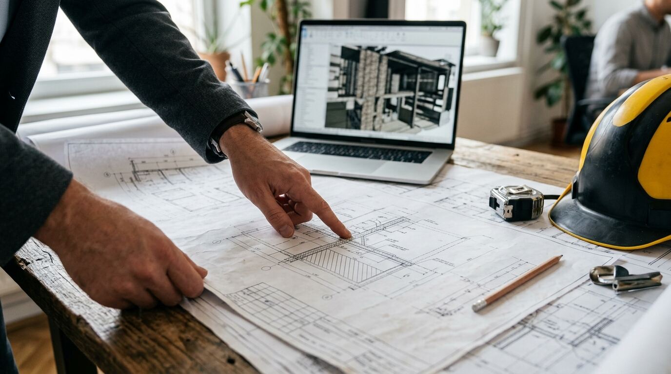 审阅纽约 DOB 报建图纸,桌上有施工图、笔记本电脑与安全帽 审阅纽约 DOB 报建图纸,桌上有施工图、笔记本电脑与安全帽