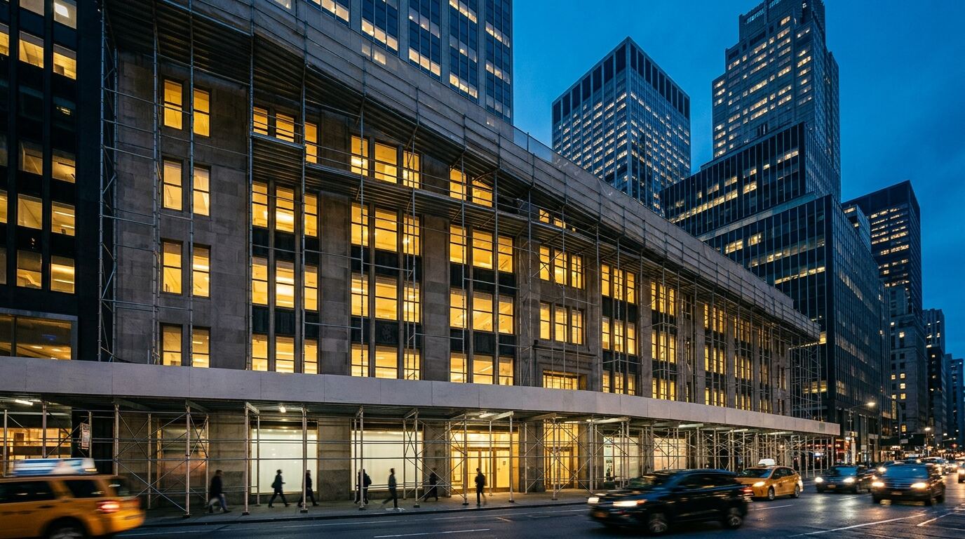 黄昏时分曼哈顿 Midtown 正在施工的建筑外立面与脚手架
