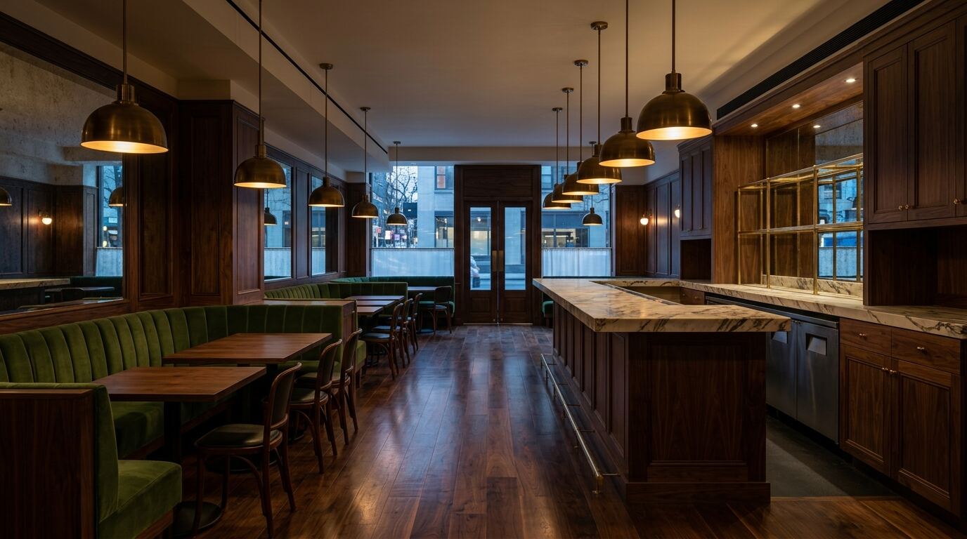 纽约高端餐厅装修完工的用餐区与吧台