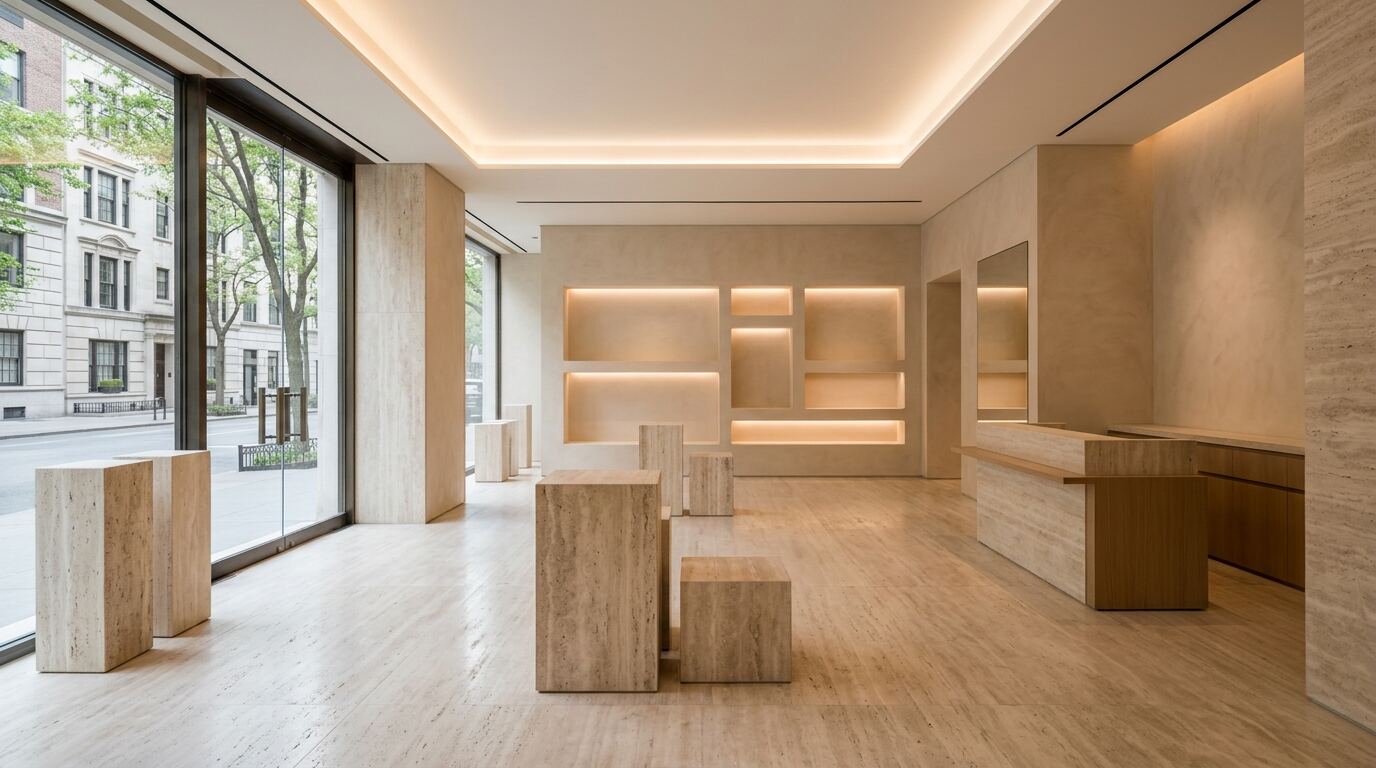 曼哈顿精品零售店装修，石灰华展台与灯槽